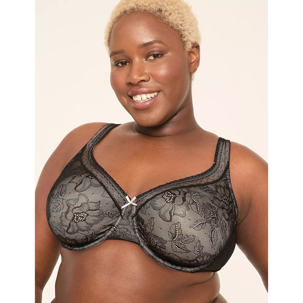 Cacique Modern Lace Unlined Full Coverage Bra 46DD Black Floral Underwire